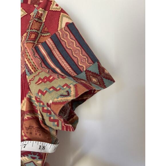 Bohemian Western Dress Medium Aztec Print Handmade Button Knee Short Sleeve Red - Picture 5 of 10
